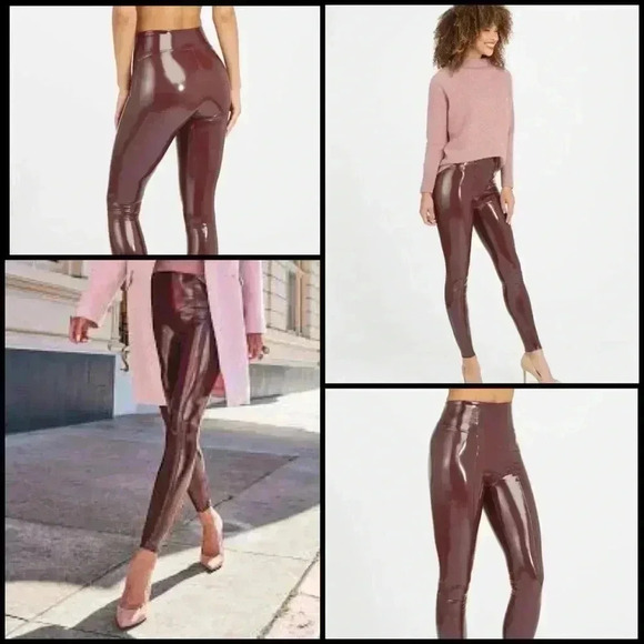 Spanx Faux Patent Leather Sleek Smoothing Contour Waist Leggings Slimming Ruby M - Picture 1 of 13